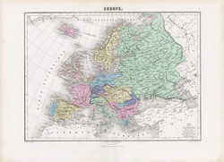 Európa térkép 1877, francia, atlasz, eredeti, 35 x 48 cm, XIX század, régi, nagy méret