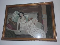 Antique tapestry picture * lady sitting on sofa 57.5x43 cm