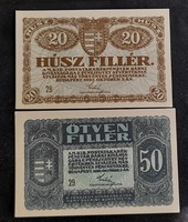 20 és 50 Fillér pár 1920 Unc, egyben a 2 db.