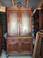 Magnificent Vienna Baroque Oak Bookcase and Sideboard with Original Acid-etched Glasses