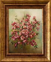 An example of traditional painting: oil-on-canvas still life by Margit Pál Ballonyi - Japanese quince flowers
