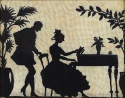 1E902 Régi árnyékkép sziluett zongorázó alakok gobelin aranyozott Blondel keretben