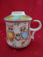 Chinese porcelain tea mug with lid and owl pattern. Queen isabell english collection. He has!