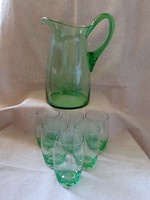 Fújt csiszolt zöld üveg kancsó + 11 db fújt pohár