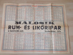 régi 1942 fali naptár malosik rum és liköripar csongrád  83cm