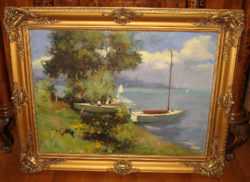 At a special price! Guaranteed original lacquer bottle (1914-1990) painting: sailboats on Lake Balaton