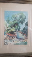 SZILI TÖRÖK DEZSŐ: Házikók lombos fával, 1951 (akvarell kerettel 47x58 cm)