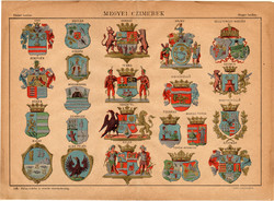 Megyei címerek (2), színes nyomat 1885, Magyar Lexikon, Rautmann Frigyes, címer, megye, Békés, Bihar