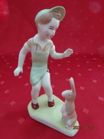 Aquincum porcelain figural statue, little boy with a bunny, height 14 cm. He has!