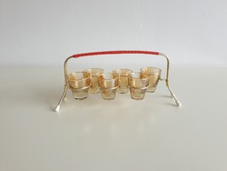 Retro régi arany színű italos röviditalos 6 pohár mid century pohárkészlet állványon
