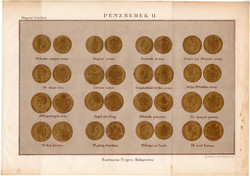 Pénznemek II., színes nyomat 1885, Magyar Lexikon, Rautmann Frigyes, arany, pénz, érme, korona, líra