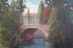 Híd a folyón, "Puskás" jelzéssel (olaj-karton 50x33 cm) Puskás Imre? tájkép, városkép