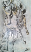 "Fekete-fehér-arany"lovas festmény 54 x32  cm