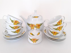 Retro Alföldi porcelán sárga virágos teás készlet nárciszos csésze kiöntő cukortartó 14 db