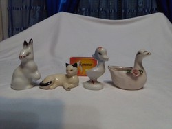Négy darab porcelán állat figura, nipp - együtt - nyuszi, cica, kacsa, hattyú