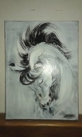 "Fekete-fehér"lovas festmény feszített vászonra 30 x40 cm