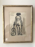 József Rippl-rónai: nude with guitar, paper, lithograph, watercolor