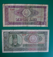 Lot of 2 Romanian lei banknotes - 10 and 25 lei - 1966