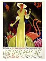 Art deco utazási reklám plakát reprint nyomat 1936 trópusok flamingó elegáns ruha női divat kesztyű