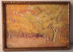 Autumn forest artwork, painting frame behind glass