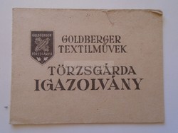 G2021.54  GOLDBERGER Textilművek -Törzsgárda Igazolvány 1957 - bronz tg jelvény viselésére jogosult