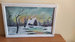 (K) winter landscape painting with signed 48x32 cm frame, printed on canvas