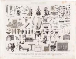 Történelem, kultúra - ókor (6), egyszín nyomat 1875, német, Egyiptom, bútor, eszköz, dísz, öltözet