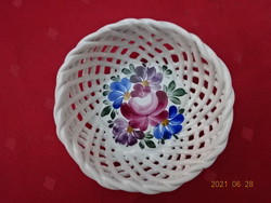 Bodrogkeresztúr glazed pottery bowl with wicker edges and hand-painted flowers. He has!