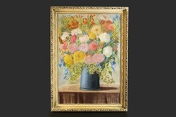 A Nagy Virágcsendélet 113x83cm Vegyes Technika Pasztell Olaj Vászon Vintage Provence Stílusú Keret