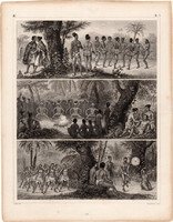 Óceánia népei, metszet 1849 (271), német, Brockhaus, eredeti, Hawaii, tánc, tetoválás, sziget