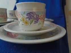 Antique English porcelain, breakfast set for four, small plate, tea cup + coaster,