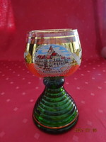 Green stemmed wine glass, with gilded bunch of grapes, Korneuburg skyline. He has!