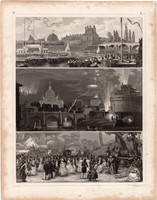 Európa népei, metszet 1849 (214), német, Brockhaus, eredeti, olasz, tűzijáték, vidéki bál, csónak