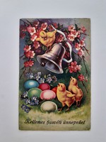Régi húsvéti képeslap rajzos csibés harangos levelezőlap
