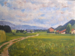 Svájci táj, H. Nyffenegger (1895-1968) szignózott olajfestménye - tájkép hegyekkel, házakkal