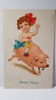 Régi képeslap "Boldog Újévet" üdvözlőlap, levelezőlap 1930 szerencse malac kislány,  lóhere
