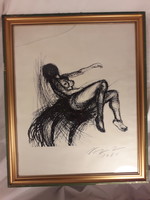 Jelzett Varga Imre tus rajz női akt tusrajz  vagy szita keretezett hibátlan kép üveg repedt