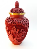 Kínai cinóber fedeles váza 18 cm