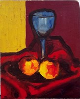 Painting, still life with apples and glass
