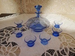 Eladó régi art deco kék üveg likőrős készlet / 1+6/ +3 ajándék pohár!