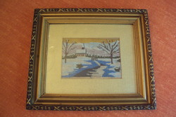 Antique needle tapestry, original old carved frame, with gold passe-partout, under glass.