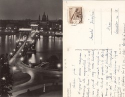 Budapest éjjel , kivilágított Lánchíd 1957 RK Magyar Hungary. F2026