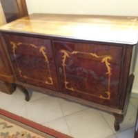 Inlaid polished wooden small cabinet with chest of drawers.