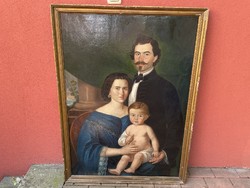 Antik családi portré Metzner Lajos  férfi női gyermek festmény