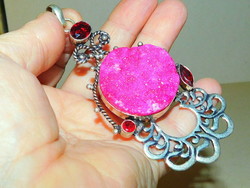 Pink druzy - Tibetan silver ethnic pendant with garnet stones