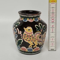 "Baán" Baán Imre "HMV" Hódmezővásárhely jelzett, madaras kis mázas népi kerámia váza (1857)
