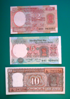 INDIA –3 db-os Bankjegy lot –2-5-10 Rúpia -1985