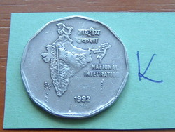 INDIA 2 RÚPIA 1992 (National Integration), (öt ágú csillag): Hyderabad Réz-nikkel TÉRKÉP #K