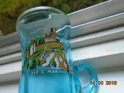 Reims türkizkék üveg,souvenir San Marino várával füles vastag falú pohár