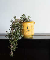 Böröcz Márta retro ceramic pot - yellow wooden or face pattern flowerpot - craftsman work